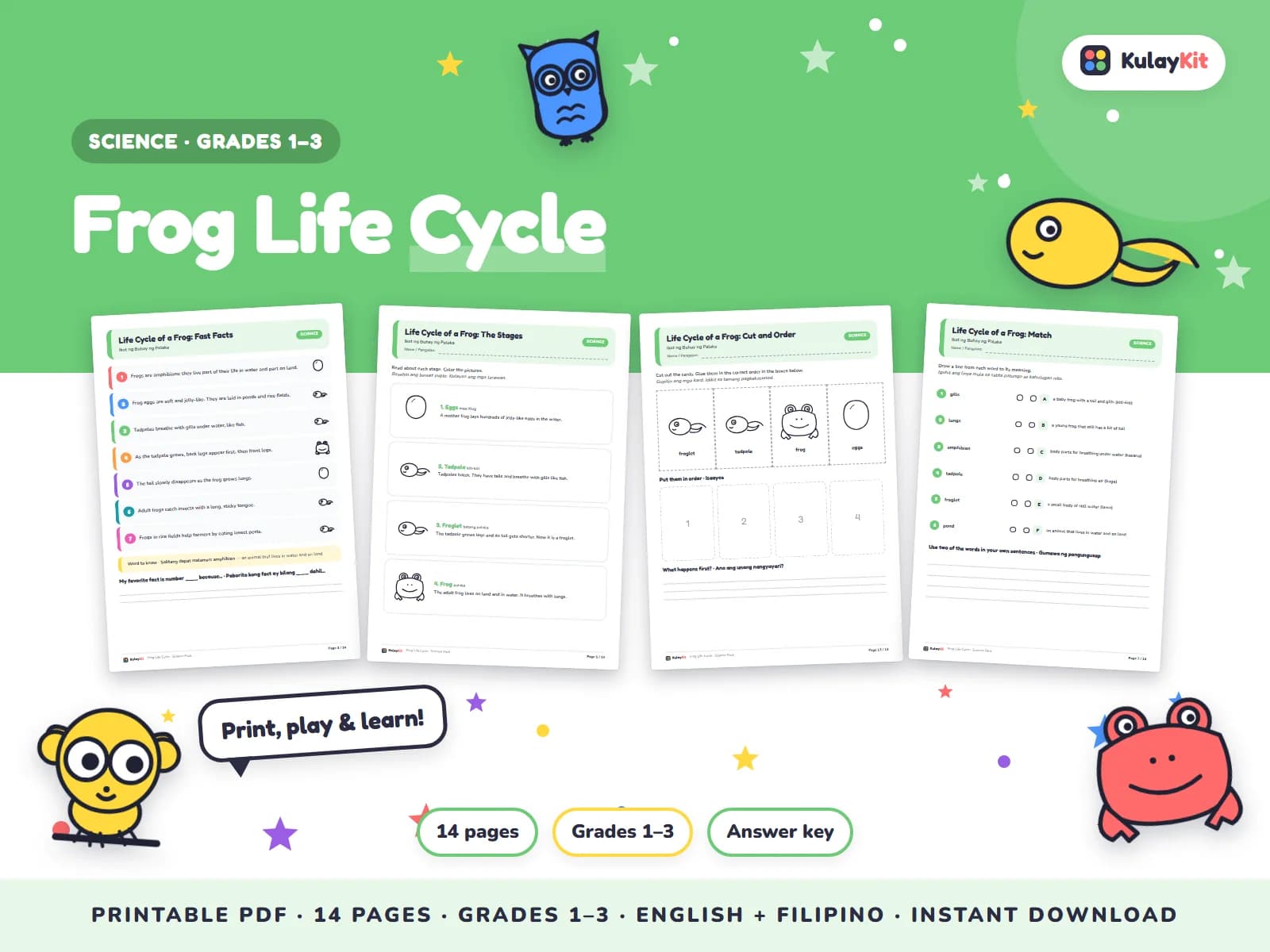 Science pages with diagrams, sorting, and quizzes.