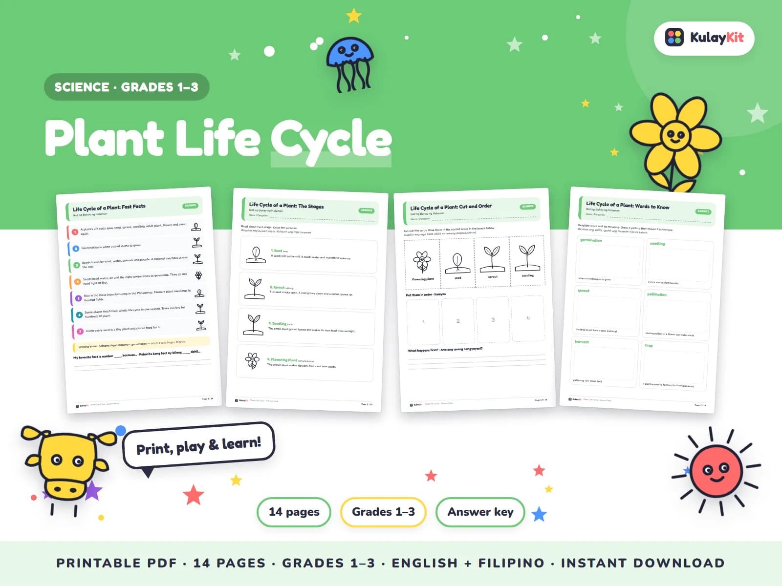 Science pages with diagrams, sorting, and quizzes.