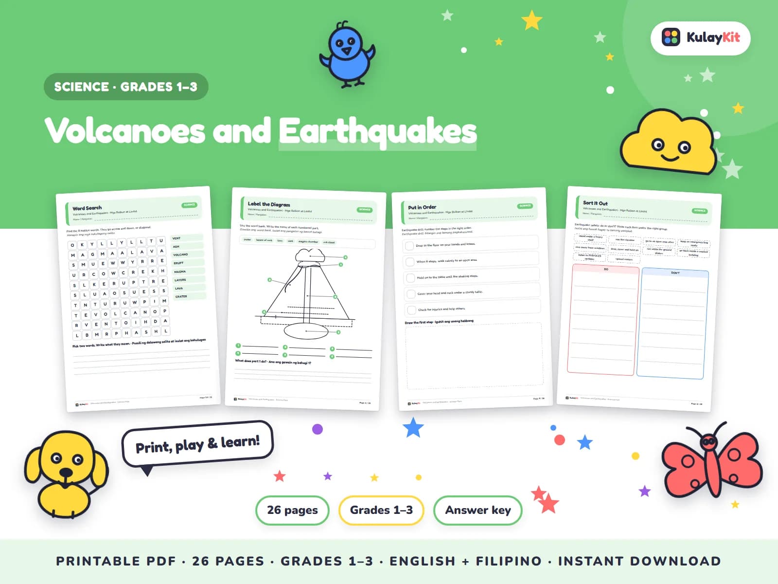 Science pages with diagrams, sorting, and quizzes.