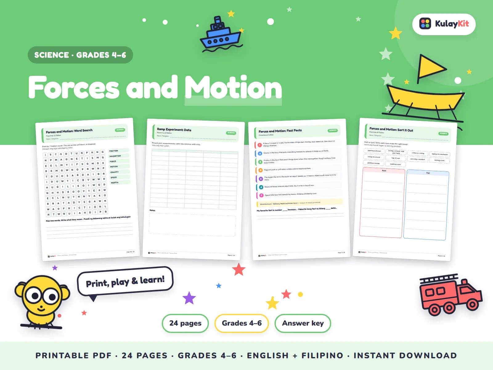 Science pages with diagrams, sorting, and quizzes.