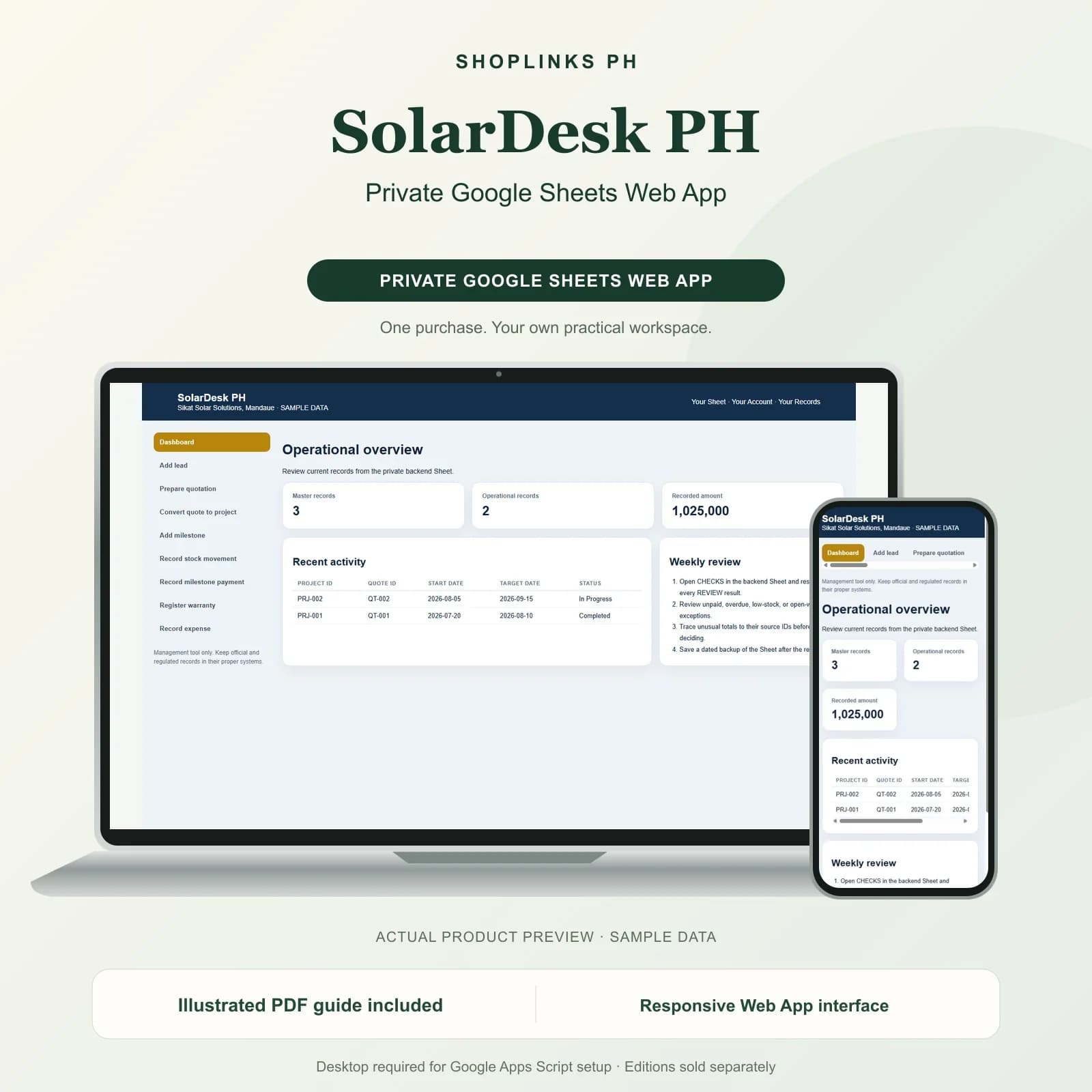 Every kilowatt quoted, milestone billed, panel issued, and warranty dated.